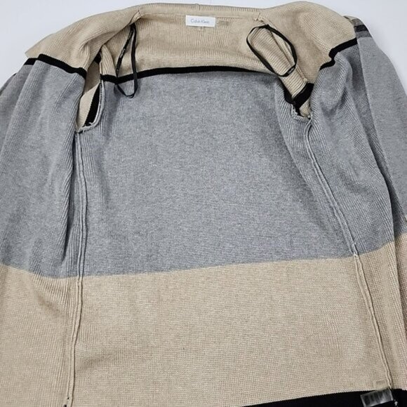 Calvin Klein Colorblock Tan Grey Open Front Long Knit Cardigan Wide Collar Sz S - Picture 4 of 12
